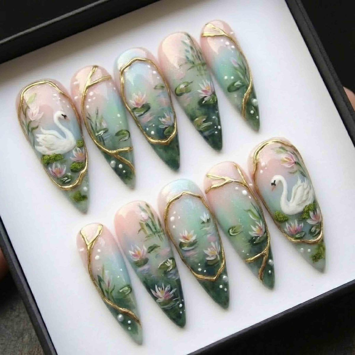 Handmade Swan Lake Press On Nails | 3D Swan & Lotus | Long Stiletto For Ethereal Fairy Vibe