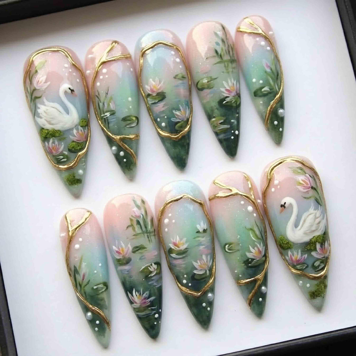 Handmade Swan Lake Press On Nails | 3D Swan & Lotus | Long Stiletto For Ethereal Fairy Vibe