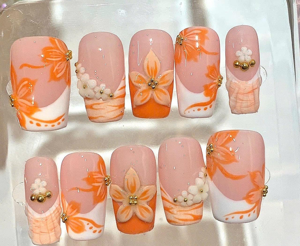 Orange Floral Press On Nails – 3D Flower Textured Nail Set – Handmade Elegant Nails
