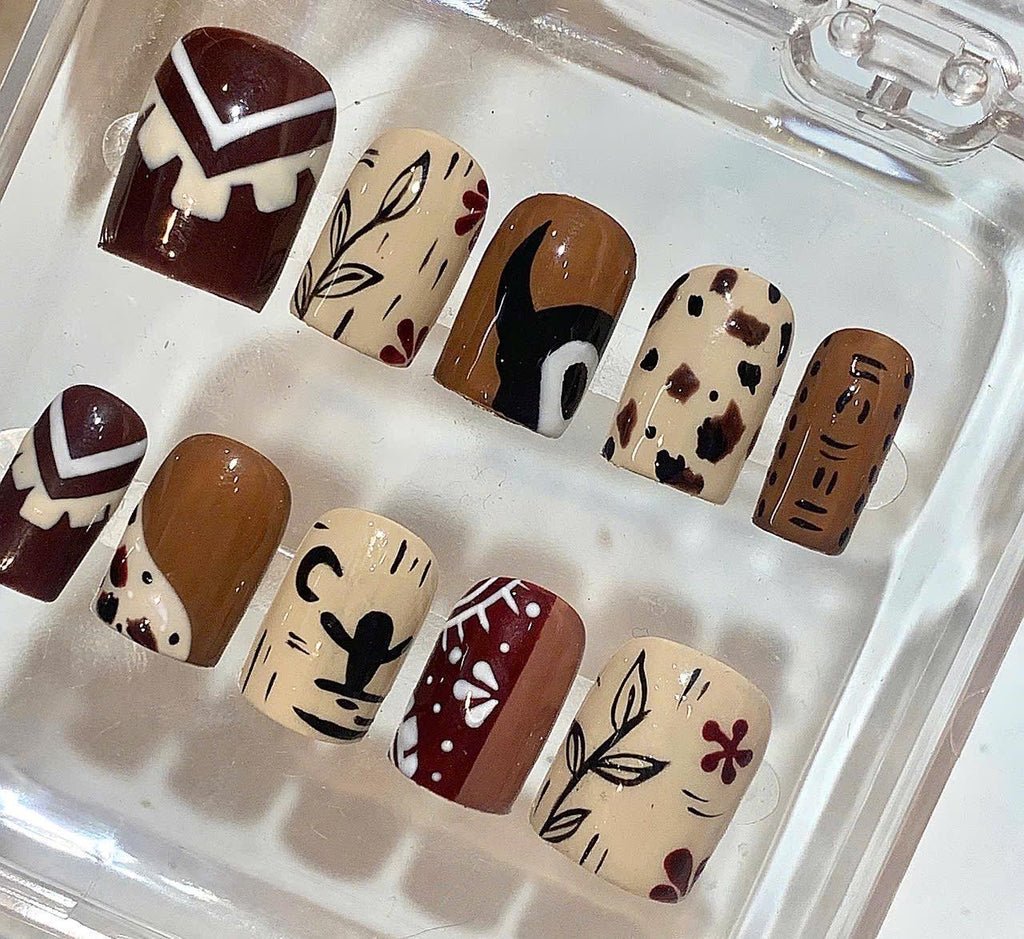 Boho Brown Press On Nails – Tribal Vintage Nail Art – Hand-Painted Neutral Nails Set