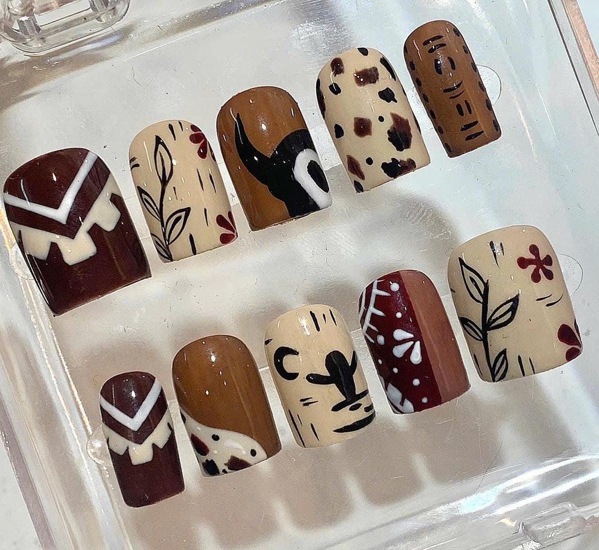 Boho Brown Press On Nails – Tribal Vintage Nail Art – Hand-Painted Neutral Nails Set
