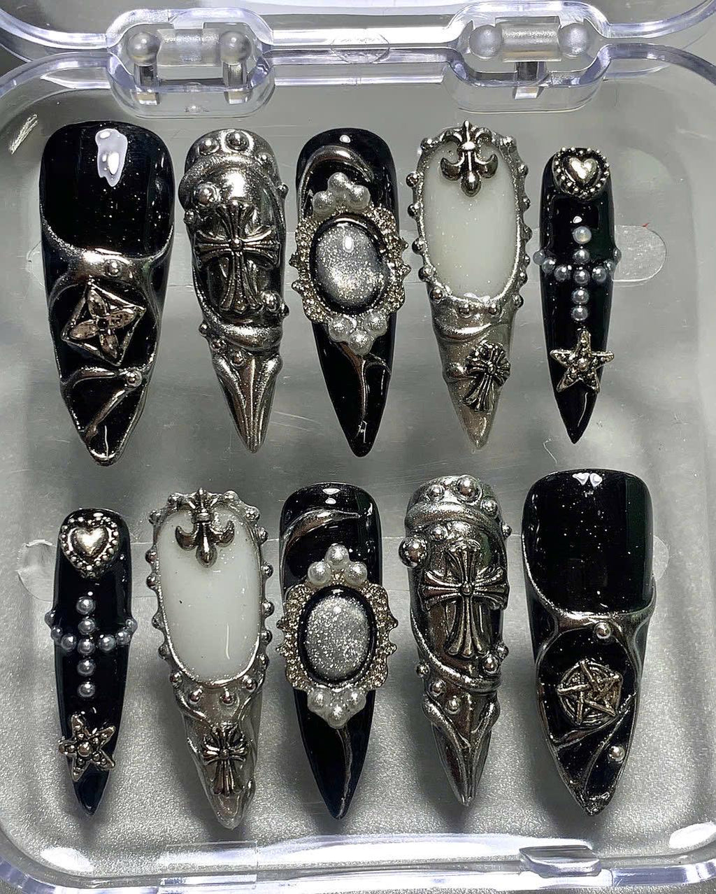 Gothic 3D Cross Press On Nails: Dark Chrome Star Nail Art