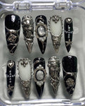 Gothic 3D Cross Press On Nails: Dark Chrome Star Nail Art