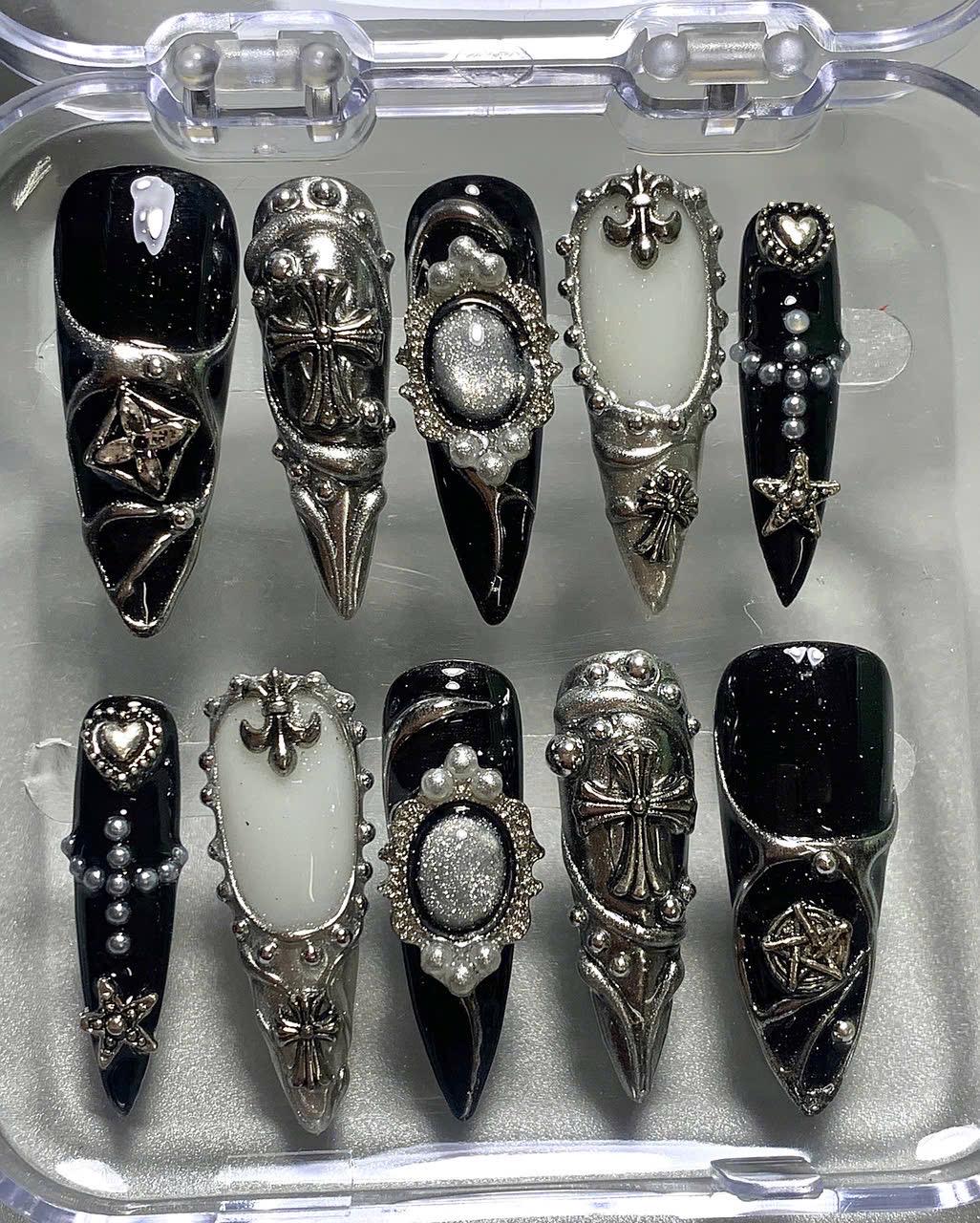 Gothic 3D Cross Press On Nails: Dark Chrome Star Nail Art
