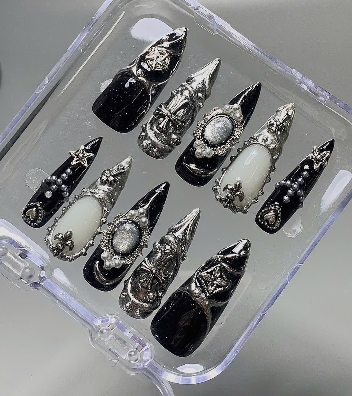 Gothic 3D Cross Press On Nails: Dark Chrome Star Nail Art