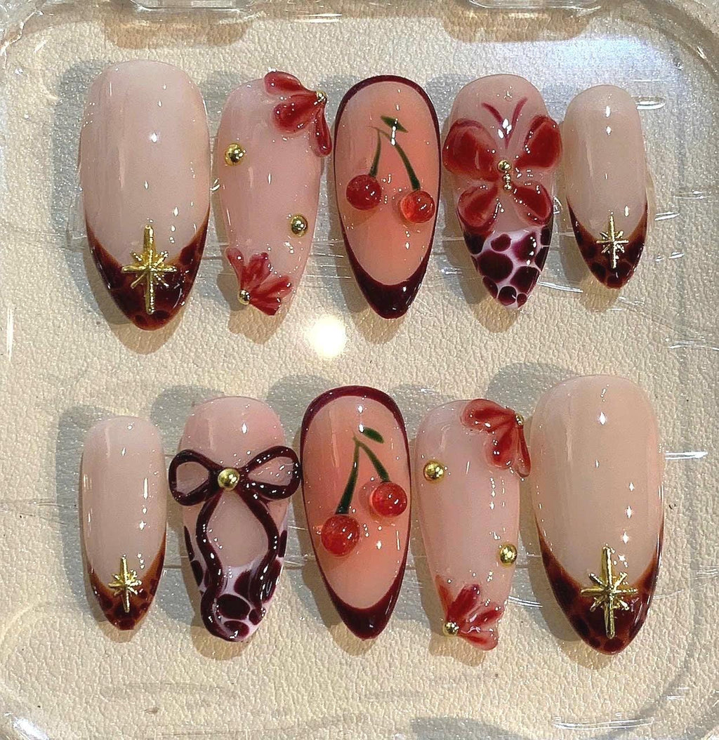 Cherry Bow Press On Nails | Elegant 3D Red Nail Art Set
