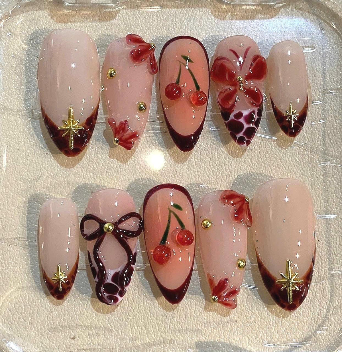 Cherry Bow Press On Nails | Elegant 3D Red Nail Art Set