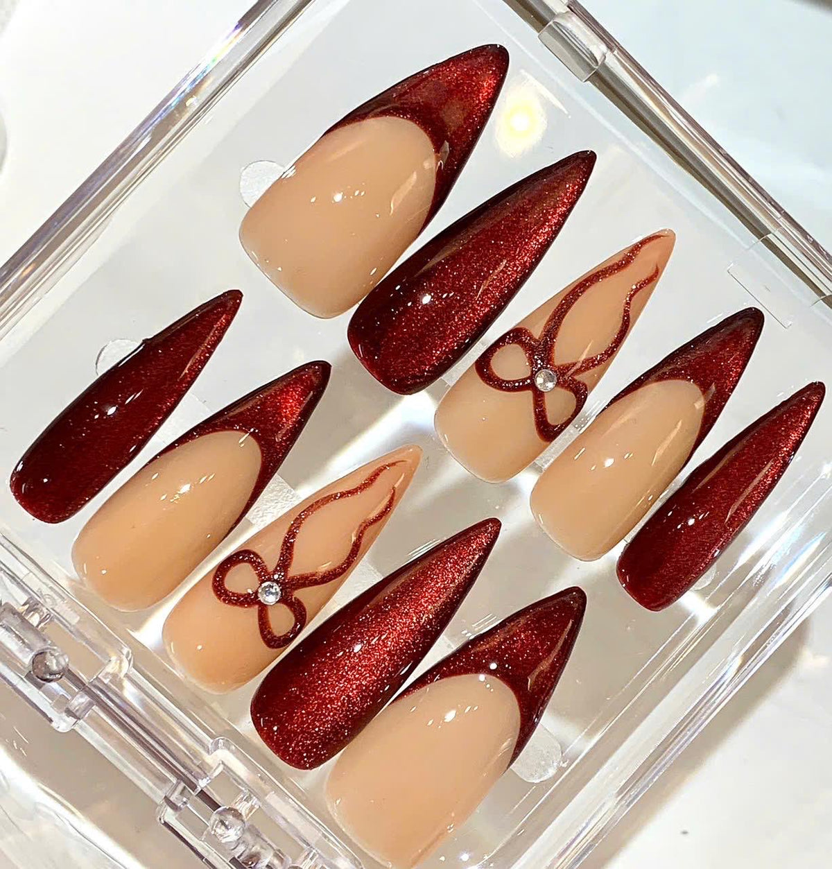 Red Glitter Bow Press On Nails – Nude Elegant Gift Nails