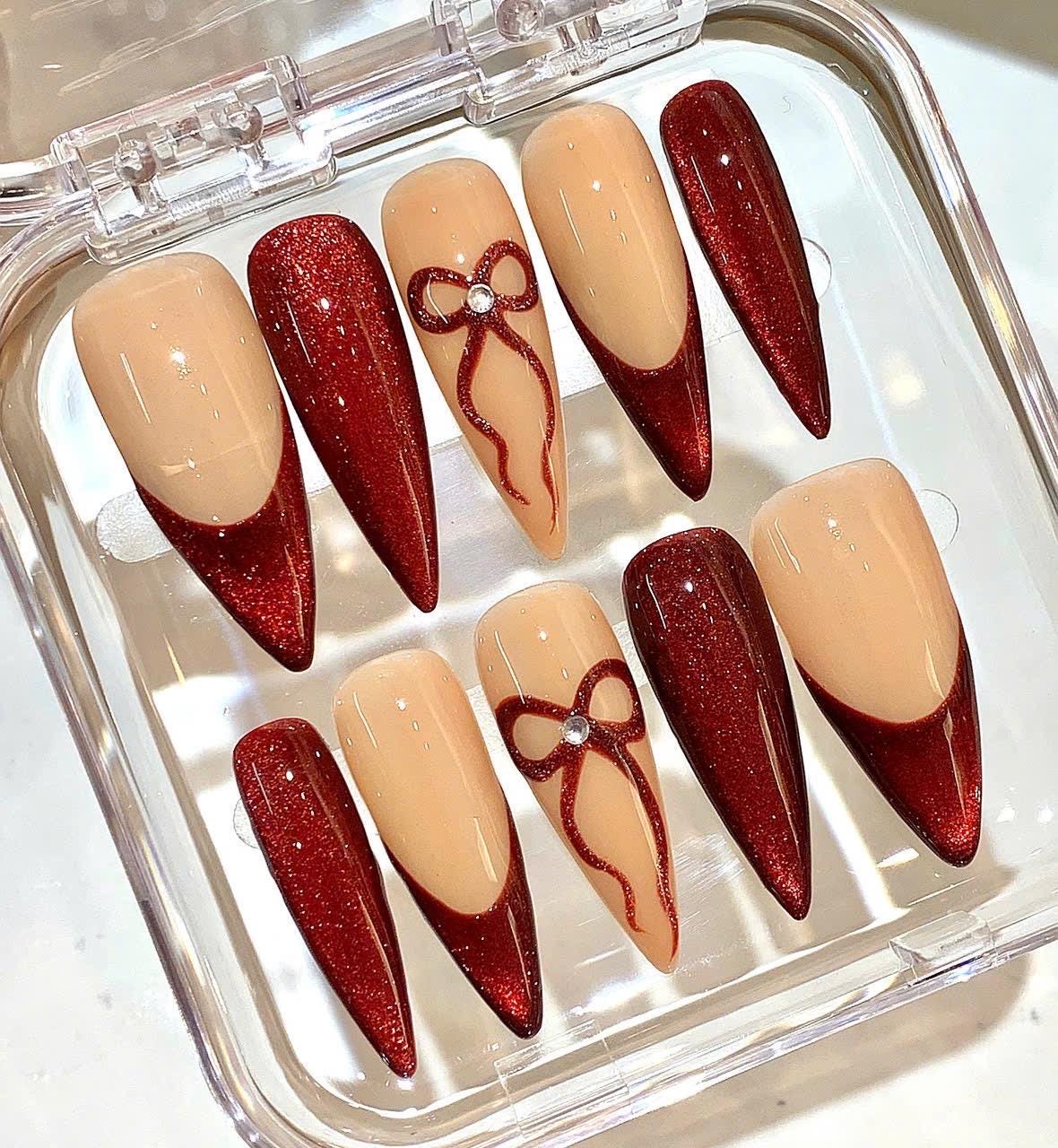 Red Glitter Bow Press On Nails – Nude Elegant Gift Nails