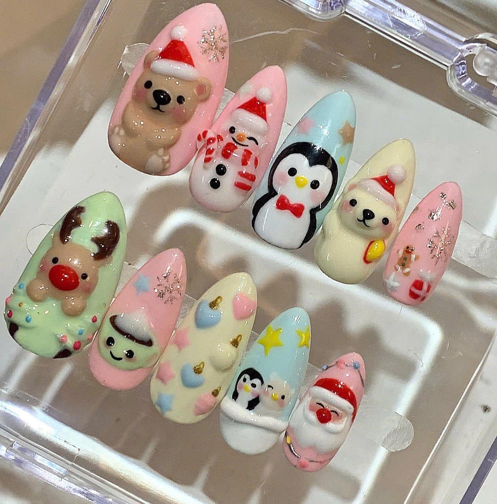 Pastel Christmas Press On Nails – 3D Santa Reindeer Penguin Nail Art