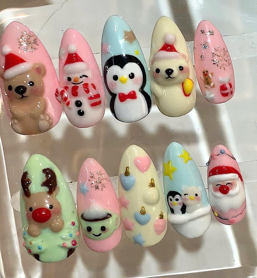 Pastel Christmas Press On Nails – 3D Santa Reindeer Penguin Nail Art