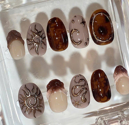 Brown Tortoise Press On Nails – Sun Moon Snake Nail Art