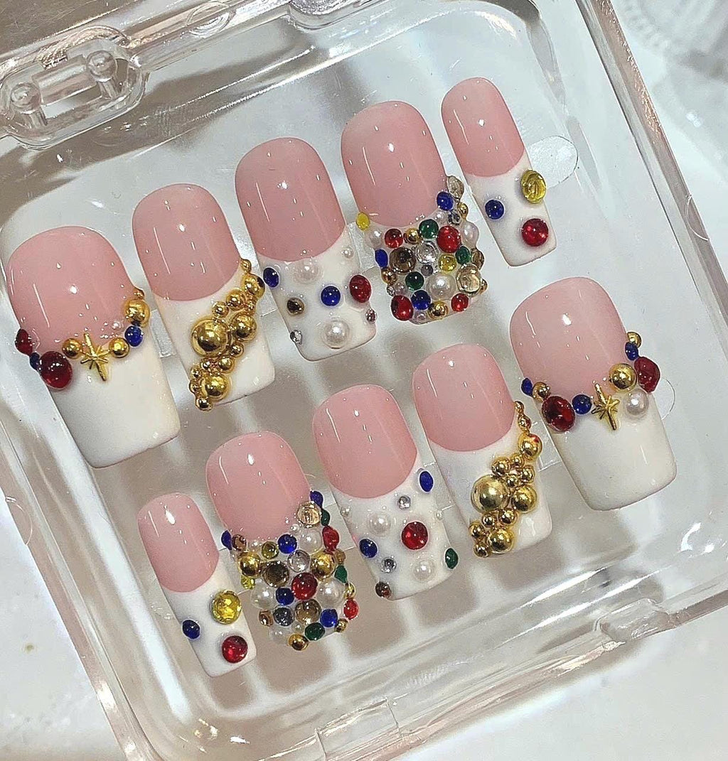 Luxury Gemstone Press On Nails – Colorful Pearl Rhinestone Nails – Festive Elegant Nail Art Set