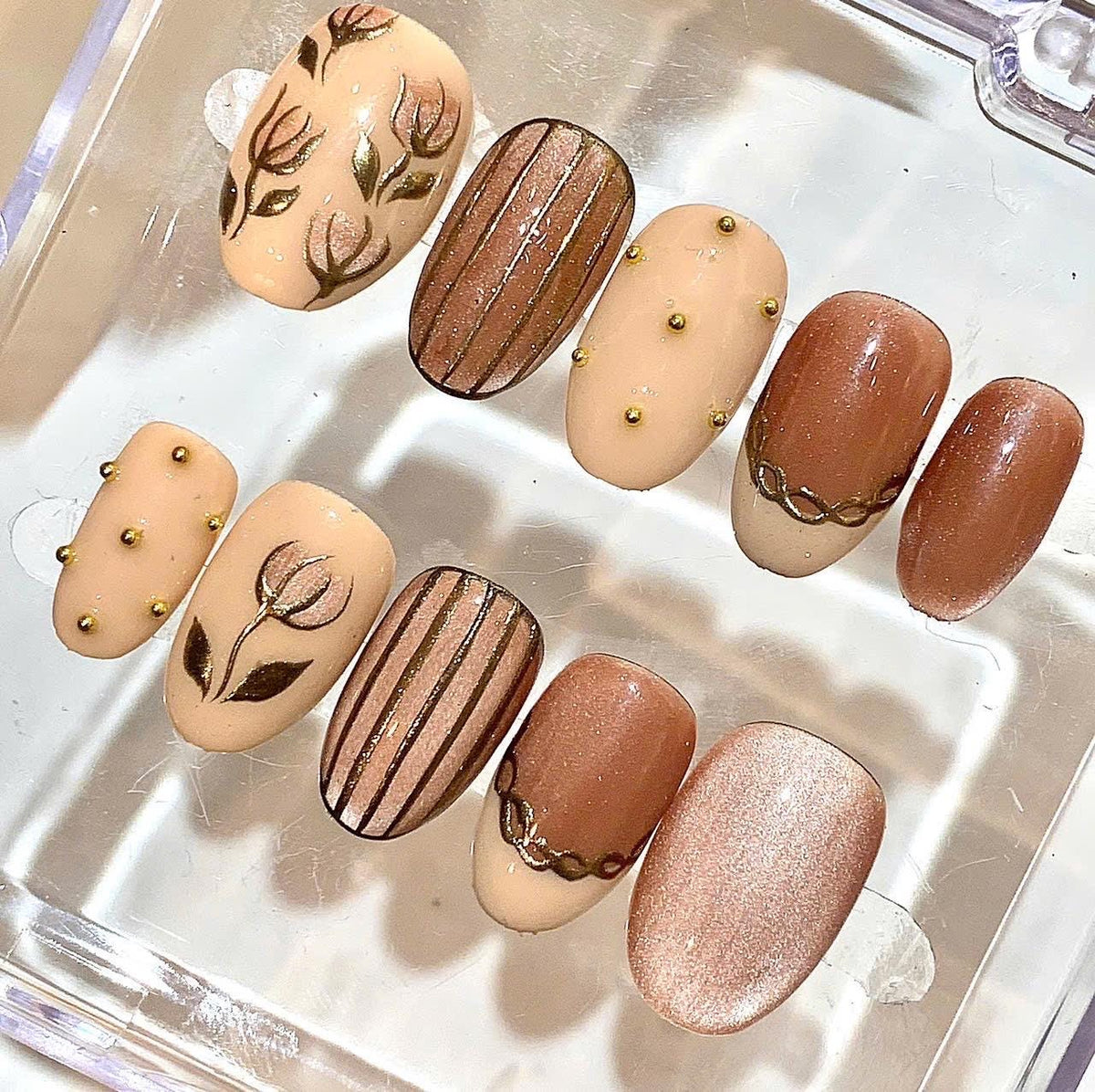 Nude Brown Press On Nails | Floral Hand Painted Nails