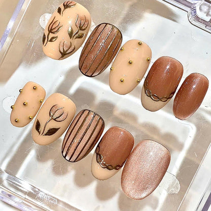 Nude Brown Press On Nails | Floral Hand Painted Nails