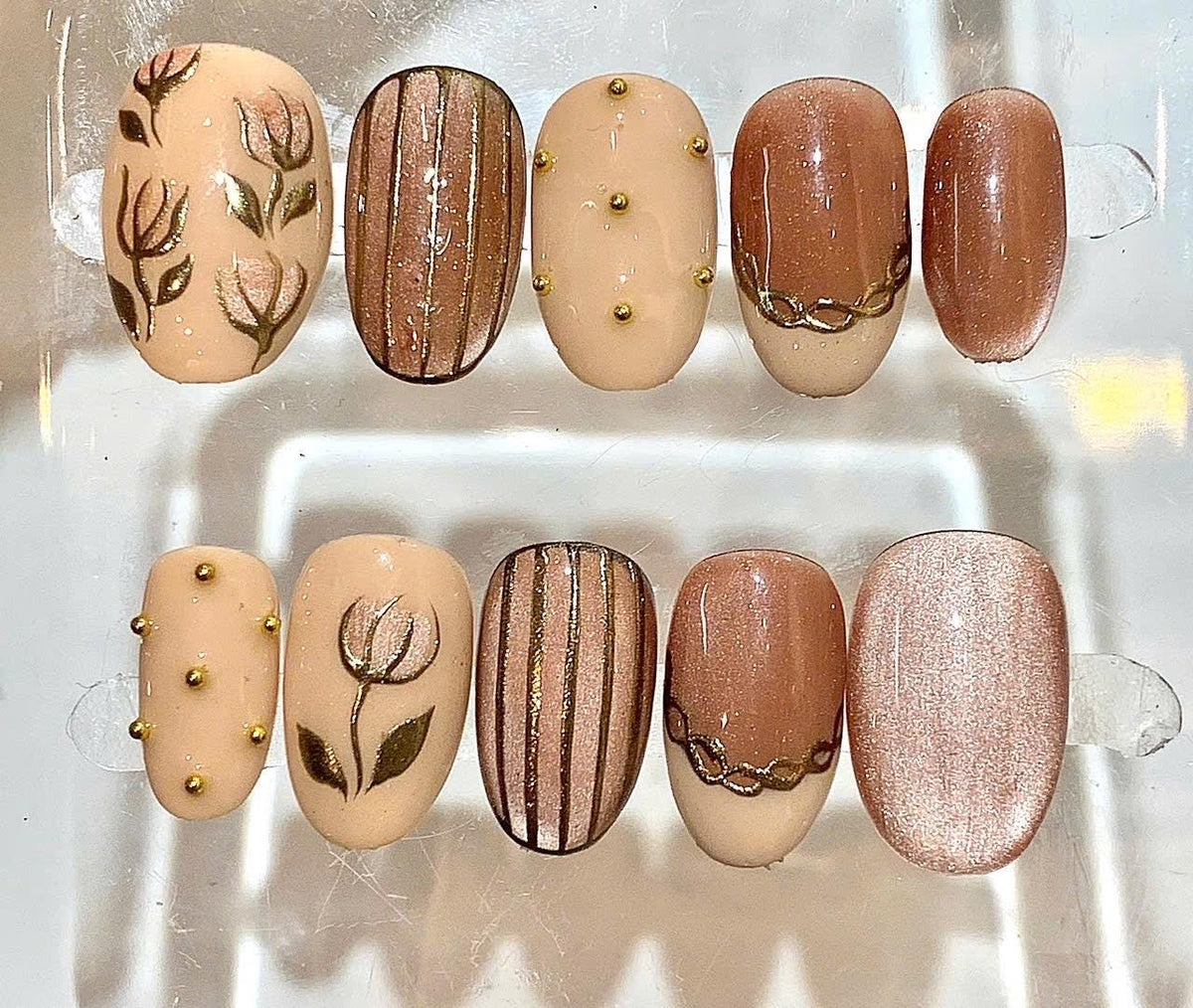 Nude Brown Press On Nails | Floral Hand Painted Nails