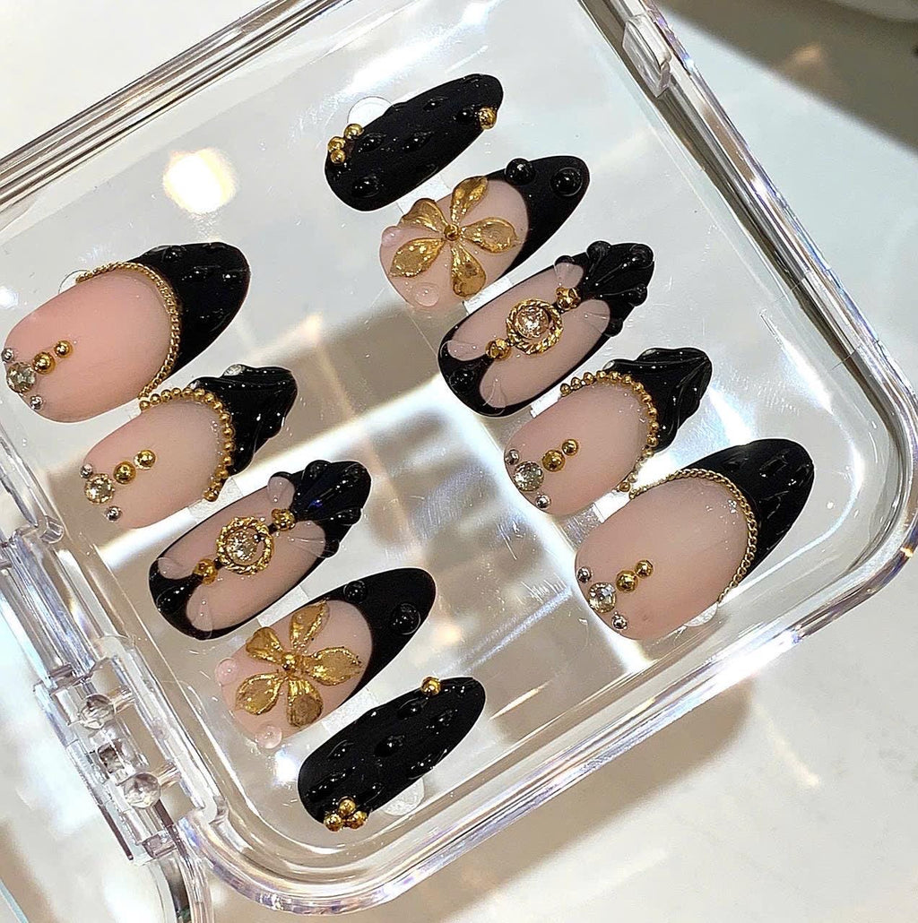 Black Gold Luxury Press On Nails | Nude French Tip Nails