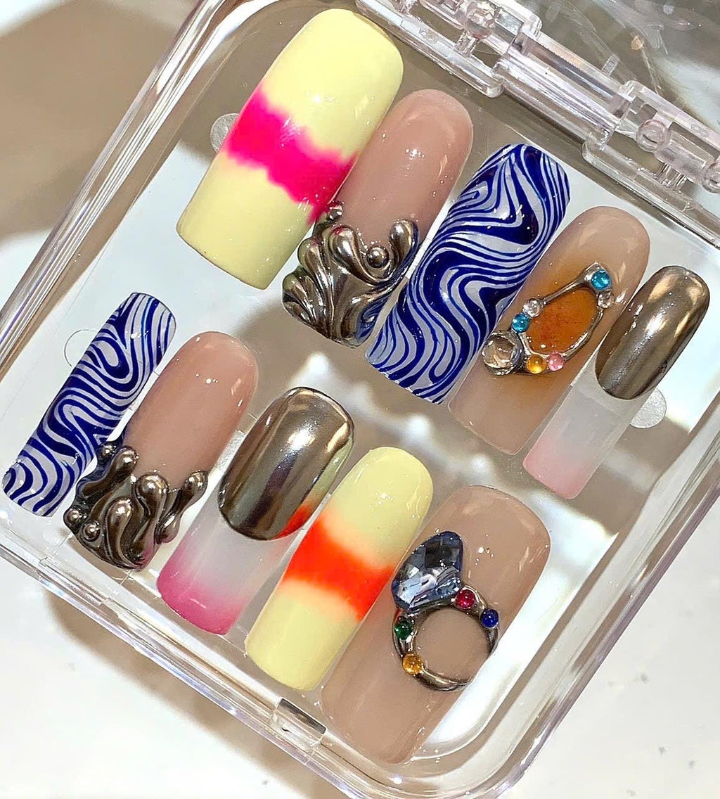 Mixed Design Press On Nails | Chrome Silver Nails | Blue Swirl Nail Art