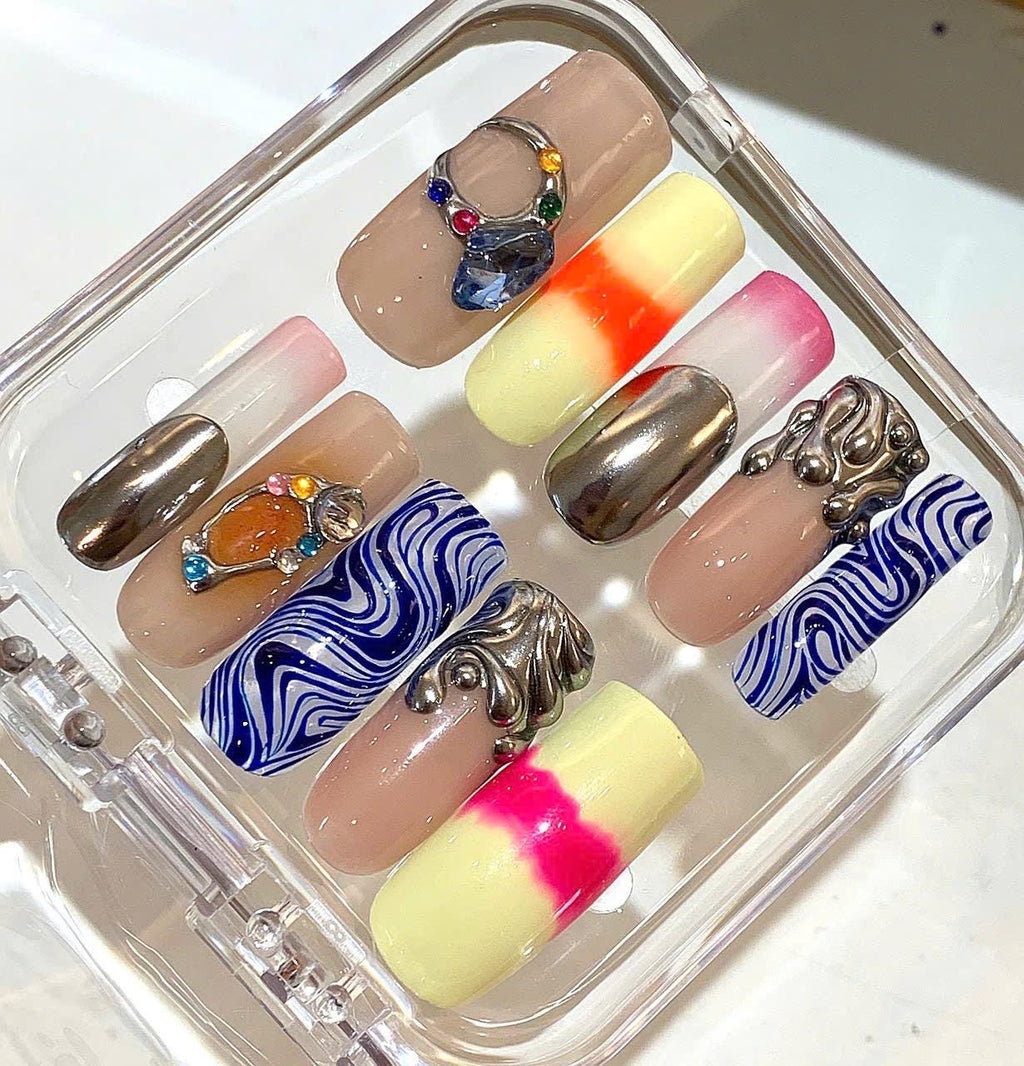 Mixed Design Press On Nails | Chrome Silver Nails | Blue Swirl Nail Art