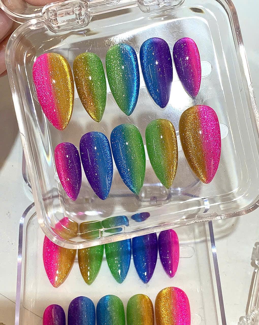 Rainbow Glitter Ombre Press On Nails: Handmade Festival Fake Nail Set