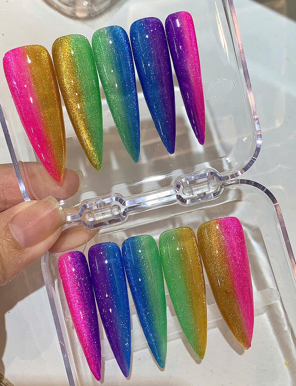 Rainbow Glitter Ombre Press On Nails: Handmade Festival Fake Nail Set