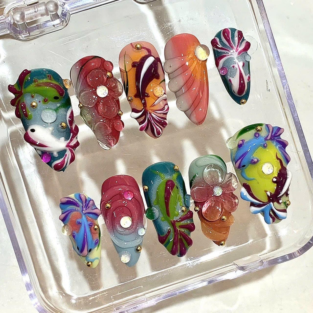 3D Fish Floral Press On Nails | Handcrafted Koi Nail Art Set