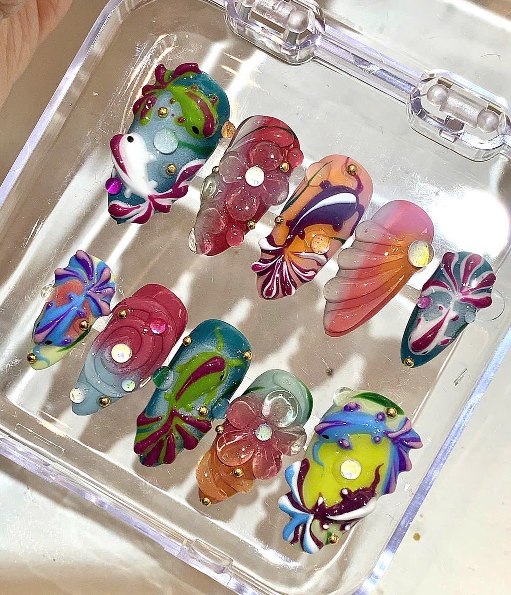 3D Fish Floral Press On Nails | Handcrafted Koi Nail Art Set