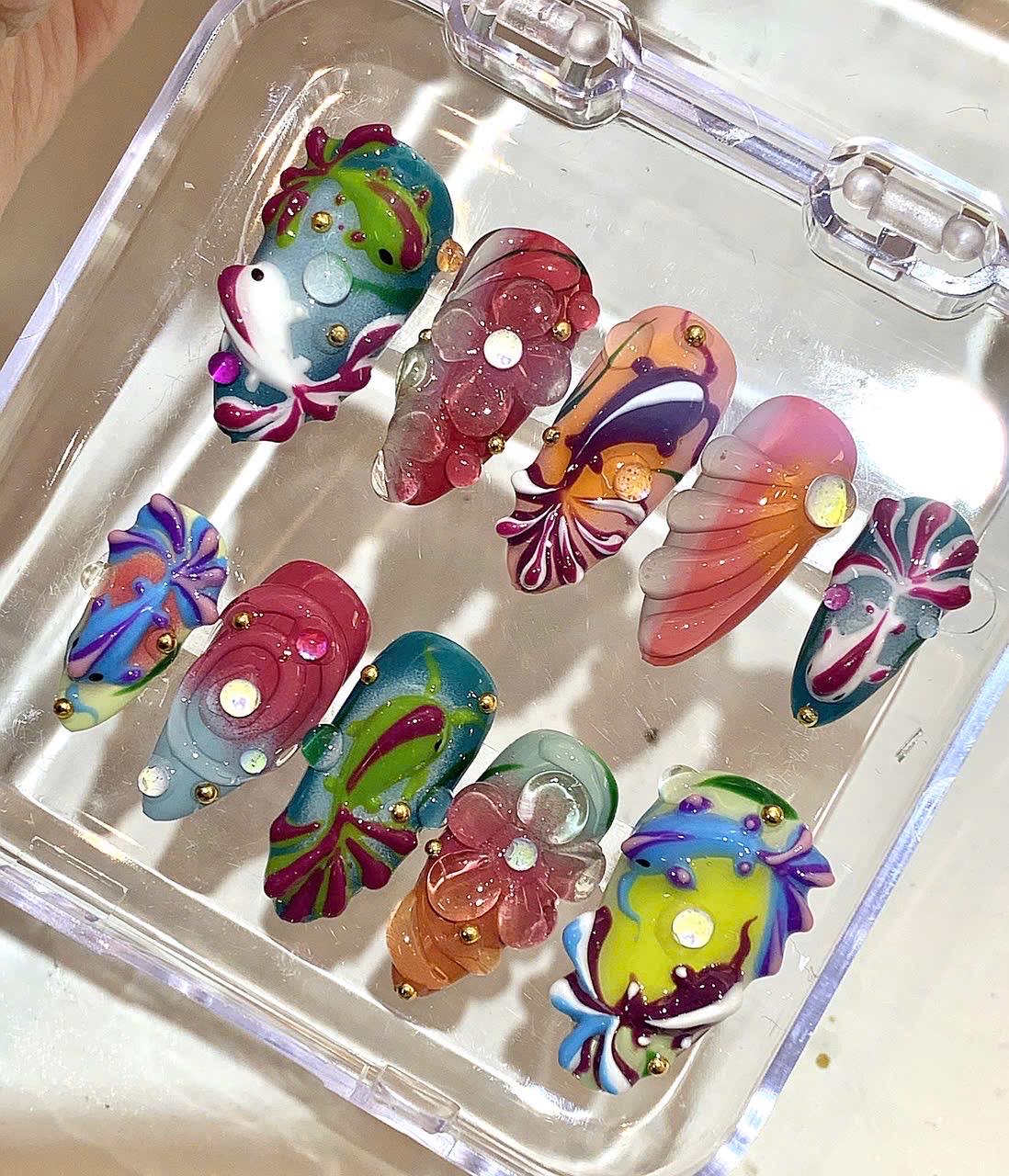 3D Fish Floral Press On Nails | Handcrafted Koi Nail Art Set