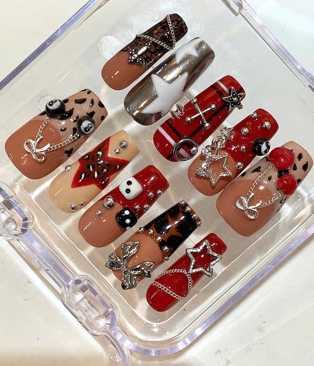 Rock Star Red Leopard Press On Nails – Edgy Dice & Chain Charm Nails