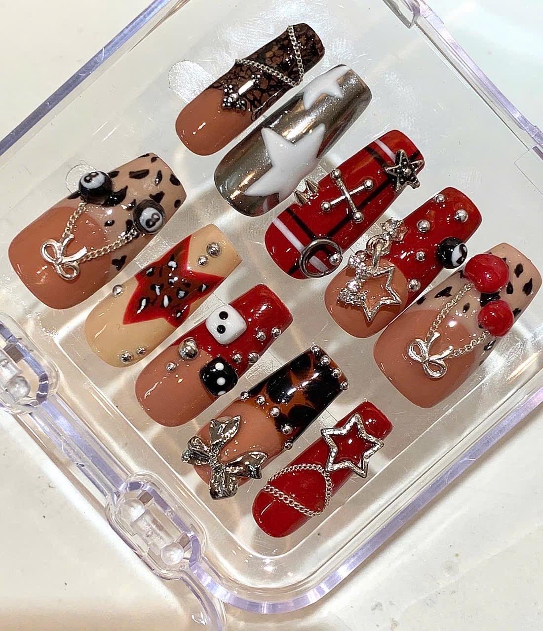 Rock Star Red Leopard Press On Nails – Edgy Dice & Chain Charm Nails