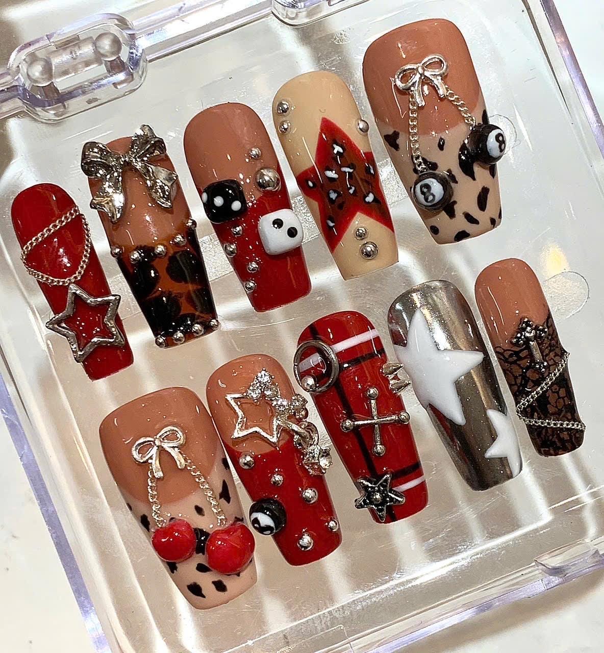 Rock Star Red Leopard Press On Nails – Edgy Dice & Chain Charm Nails