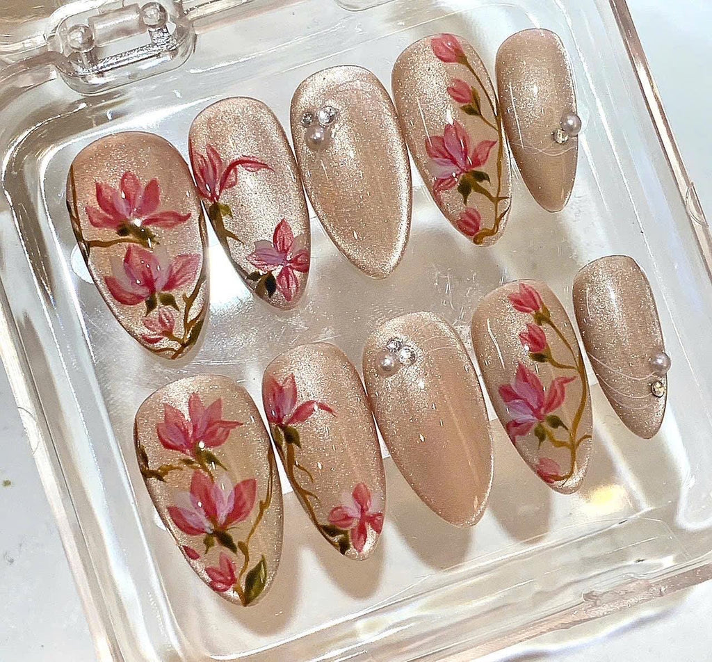 Elegant Floral Nude Press On Nails – Hand-Painted Pink Blossom Nails