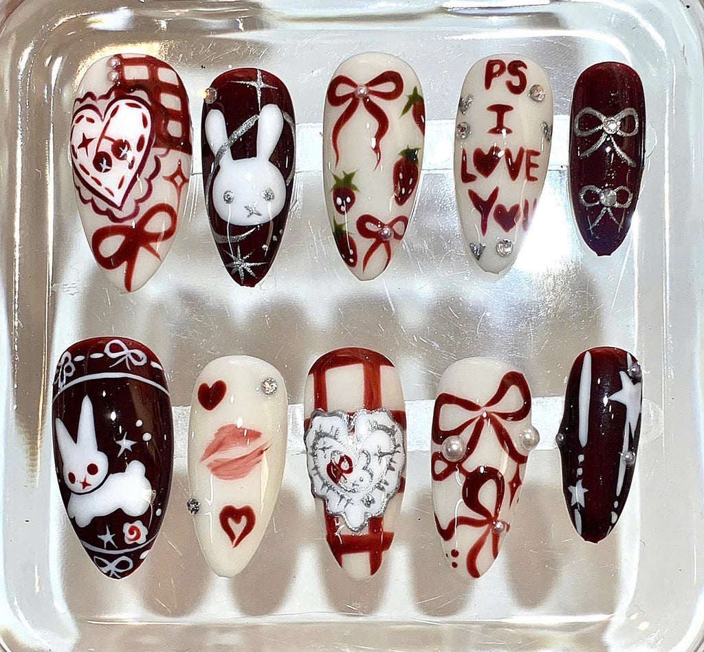 Valentine's Day Press On Nails | Red Heart Bow, Bunny Nail Art