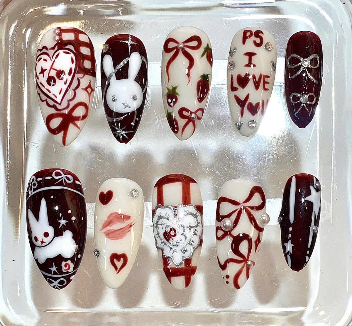 Valentine's Day Press On Nails | Red Heart Bow, Bunny Nail Art
