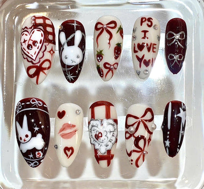 Valentine's Day Press On Nails | Red Heart Bow, Bunny Nail Art