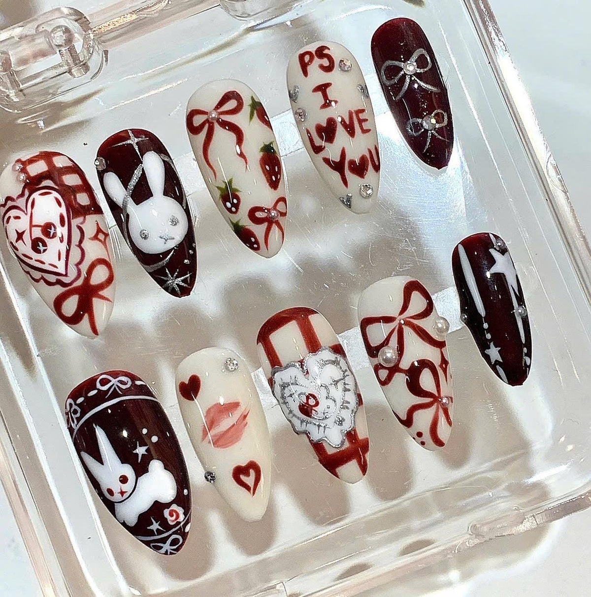 Valentine's Day Press On Nails | Red Heart Bow, Bunny Nail Art