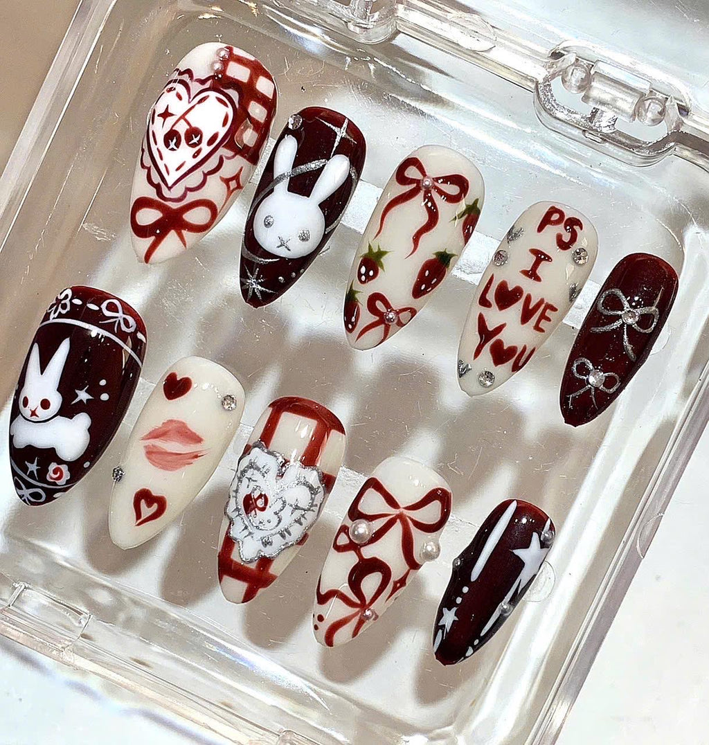 Valentine's Day Press On Nails | Red Heart Bow, Bunny Nail Art
