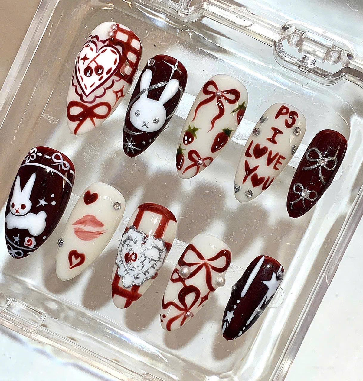 Valentine's Day Press On Nails | Red Heart Bow, Bunny Nail Art