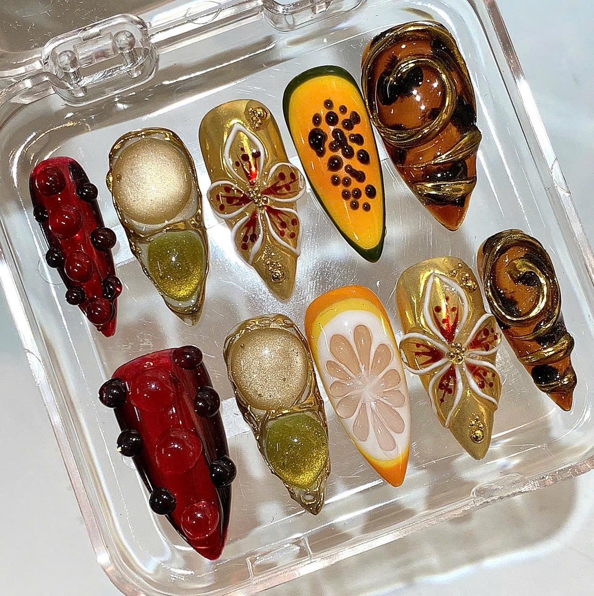 Handmade 3D Flower Press On Nails | Amber Yellow Fruit Nail Art