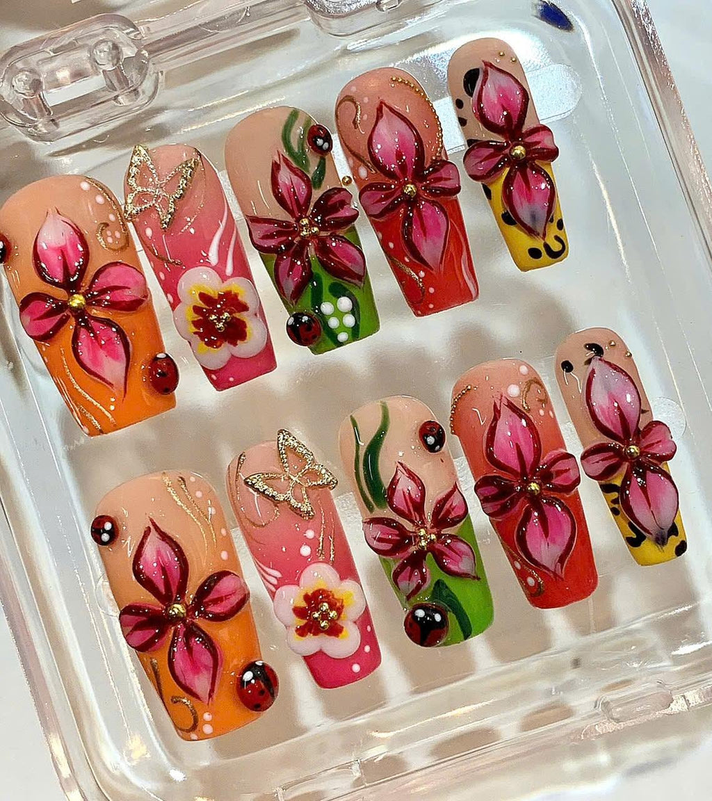 Hand Painted Tropical Flower Press On Nails: Summer Nail Art