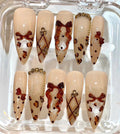 Leopard Bow Press On Nails | Brown Nude Glitter Nails | Luxury 3D Bow Nail Art