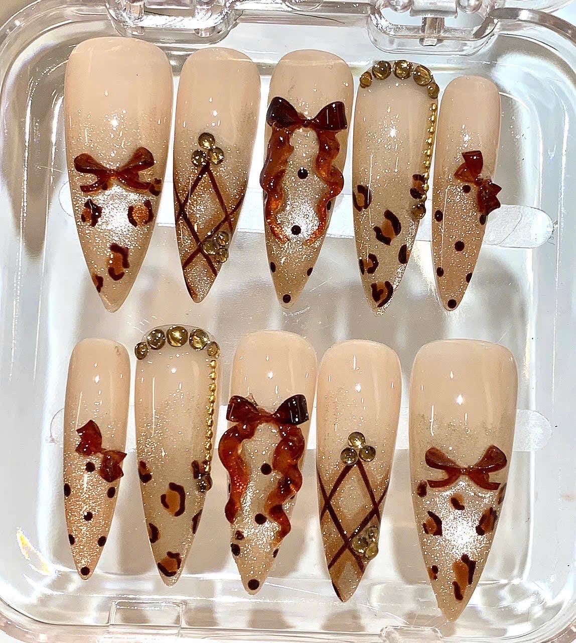 Leopard Bow Press On Nails | Brown Nude Glitter Nails | Luxury 3D Bow Nail Art