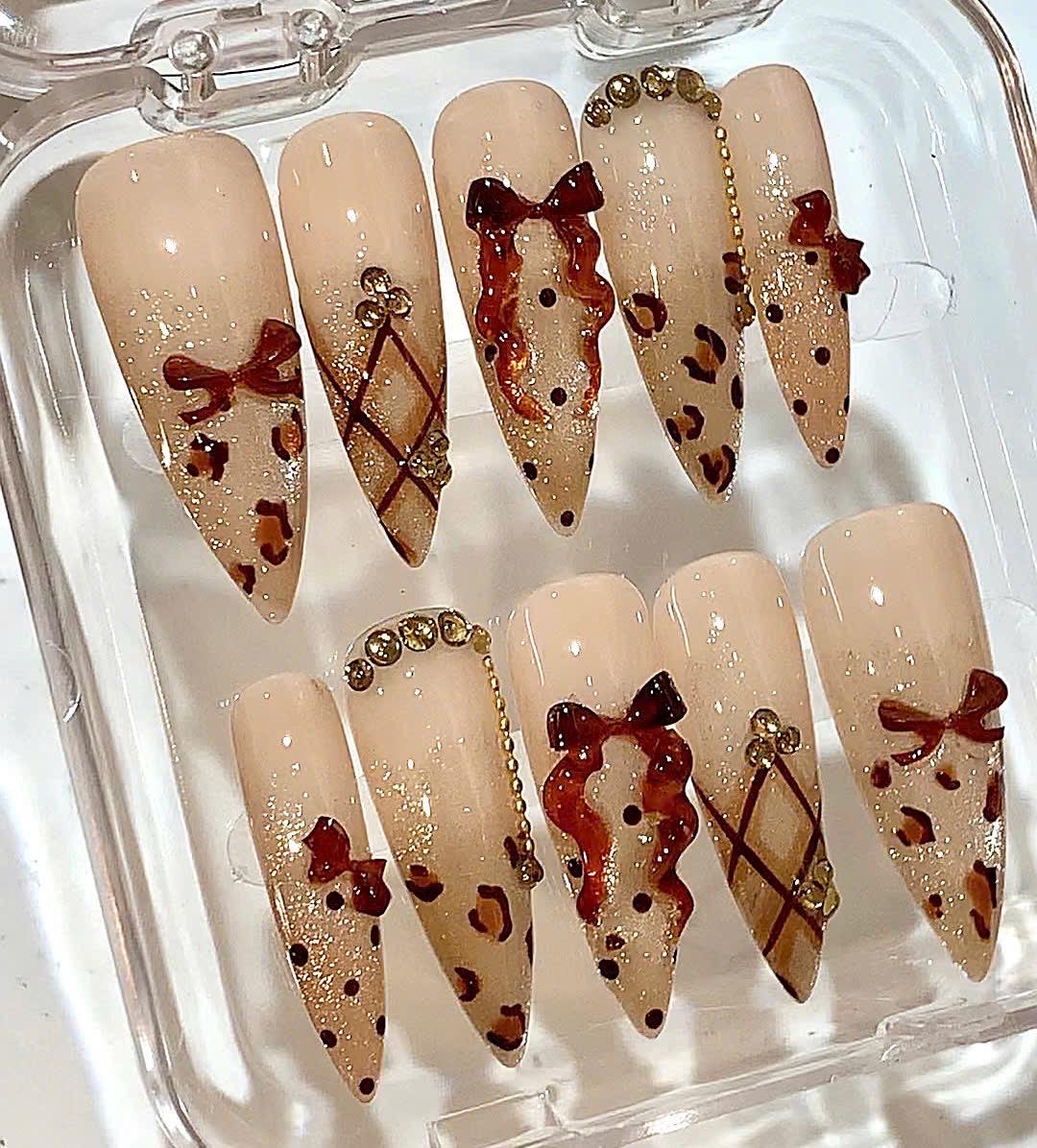 Leopard Bow Press On Nails | Brown Nude Glitter Nails | Luxury 3D Bow Nail Art