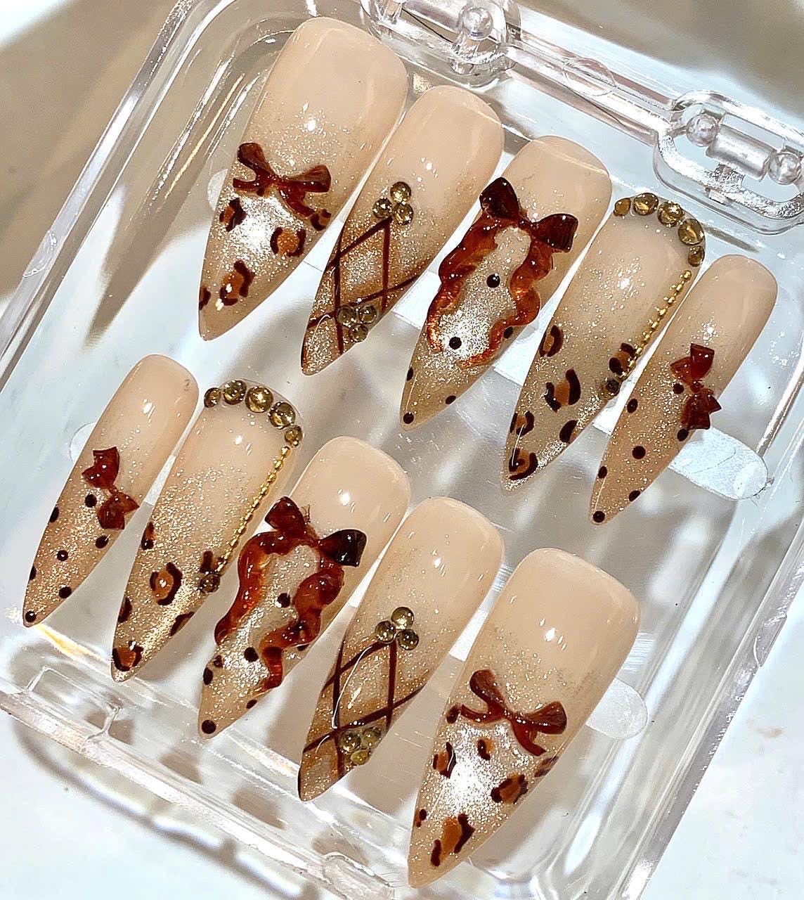 Leopard Bow Press On Nails | Brown Nude Glitter Nails | Luxury 3D Bow Nail Art