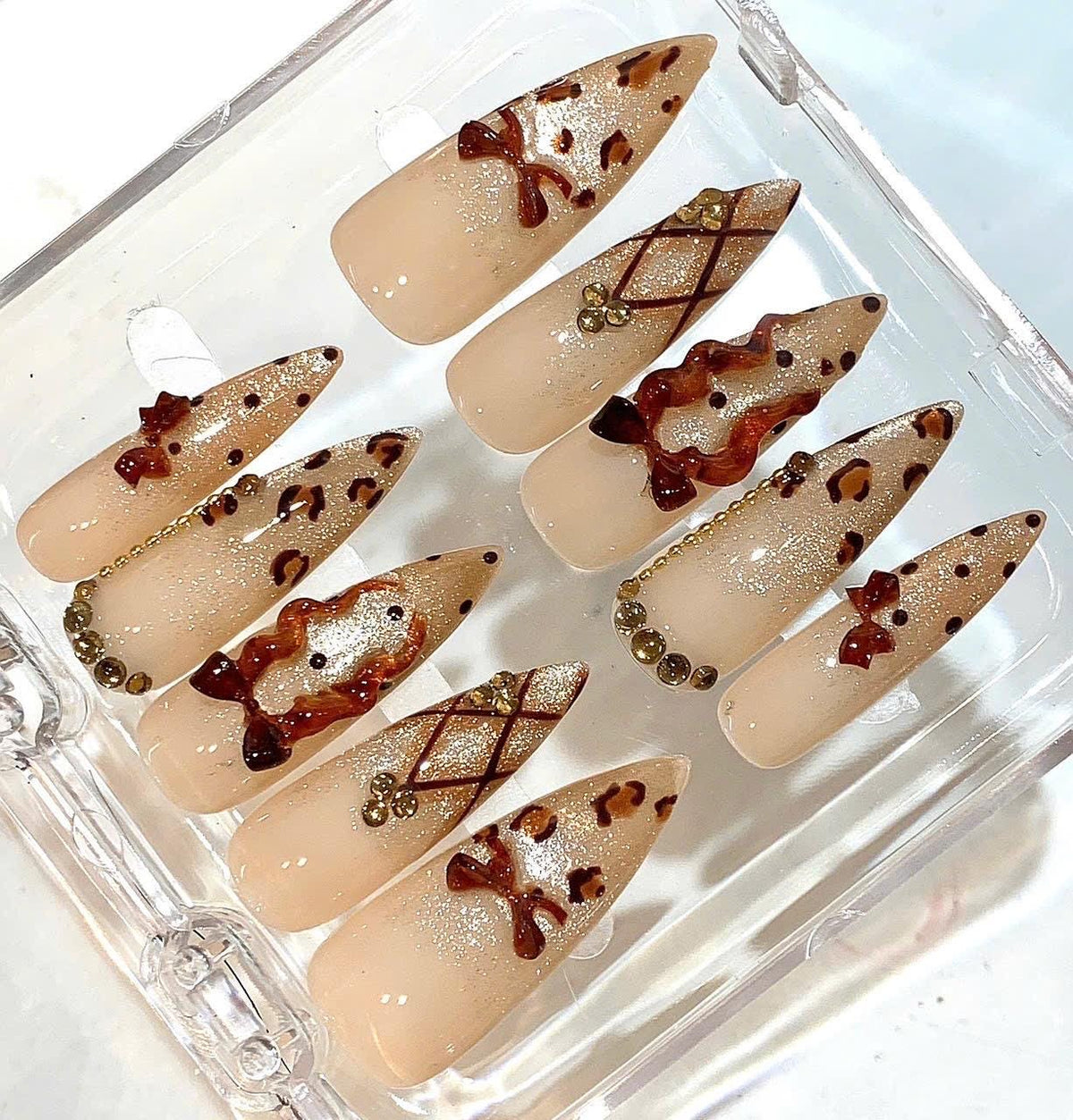 Leopard Bow Press On Nails | Brown Nude Glitter Nails | Luxury 3D Bow Nail Art