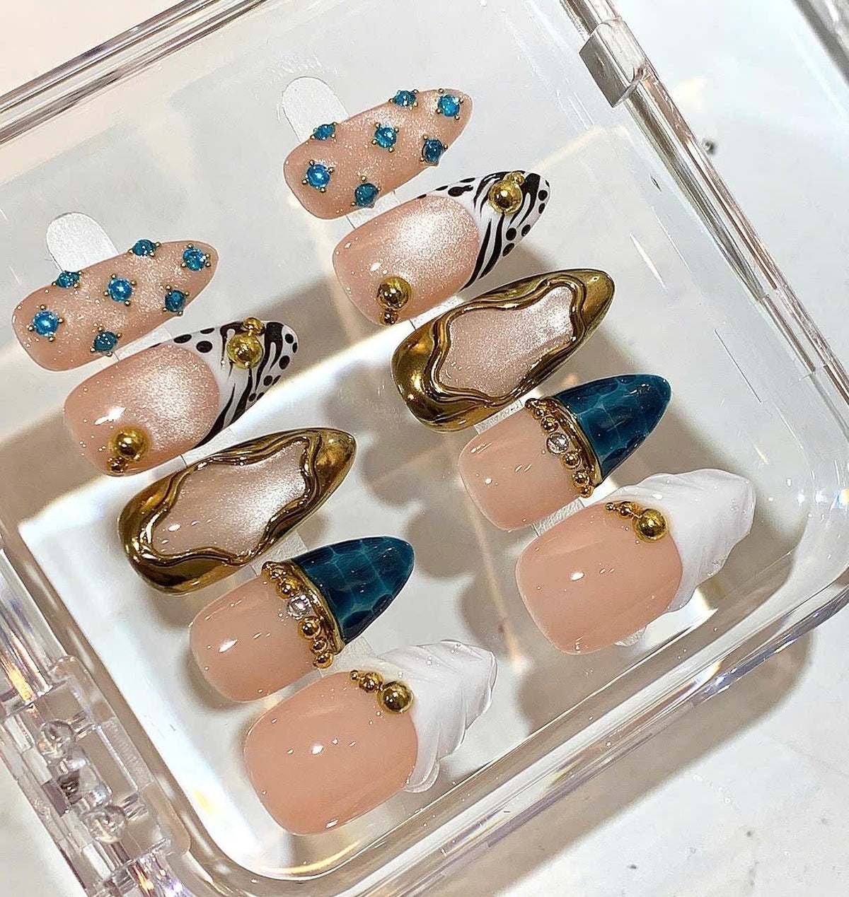 Luxury Gold Blue Press On Nails | Nude White Nail Art Set | Rhinestone Accent Nails