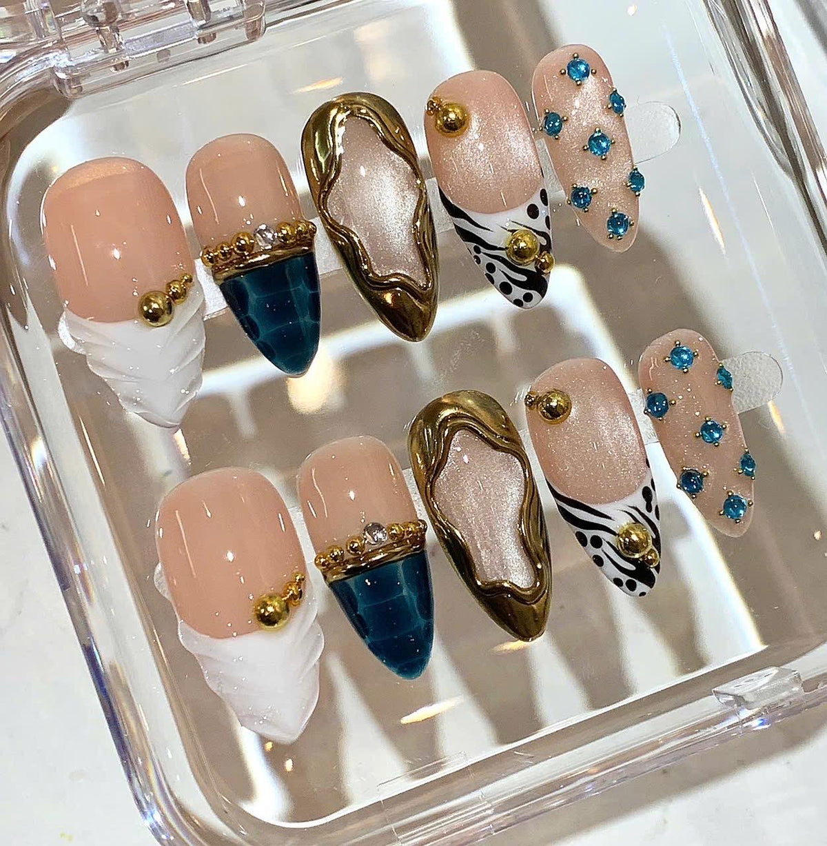 Luxury Gold Blue Press On Nails | Nude White Nail Art Set | Rhinestone Accent Nails
