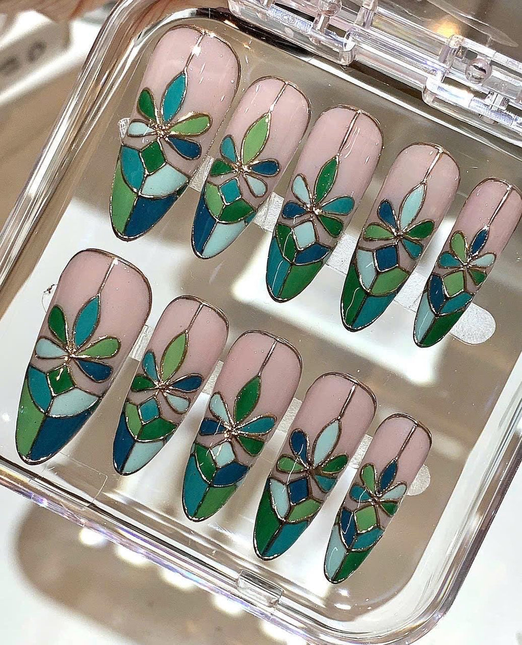 Stained Glass Press On Nails – Nude Floral, Handmade Nail Tips