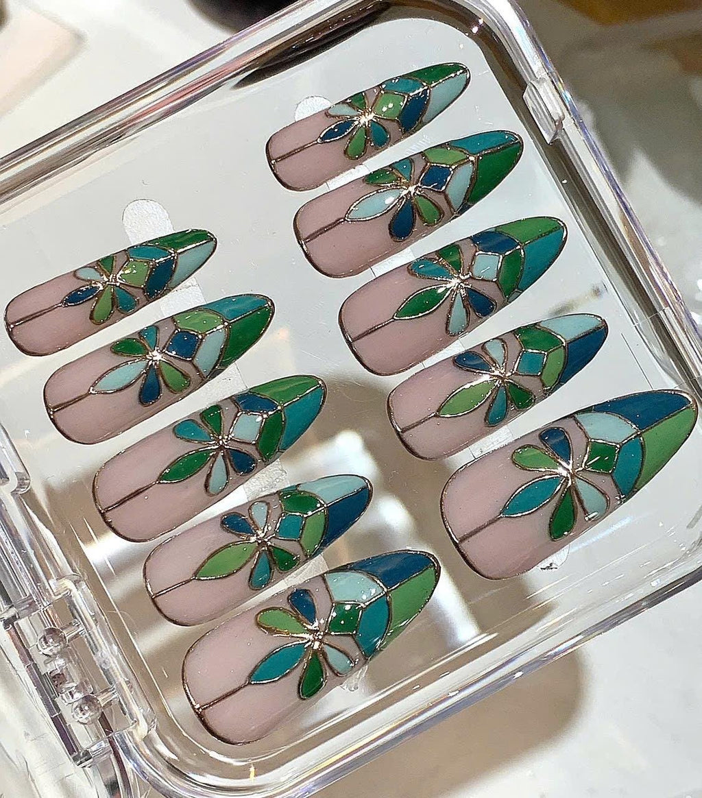 Stained Glass Press On Nails – Nude Floral, Handmade Nail Tips