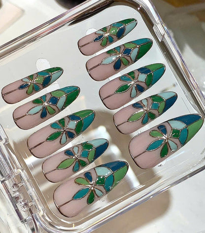 Stained Glass Press On Nails – Nude Floral, Handmade Nail Tips